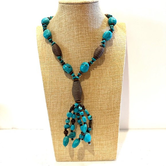 Coldwater Creek Boho Statement Necklace Faux Turquoise-dyed howlite stone lariat - Picture 5 of 13